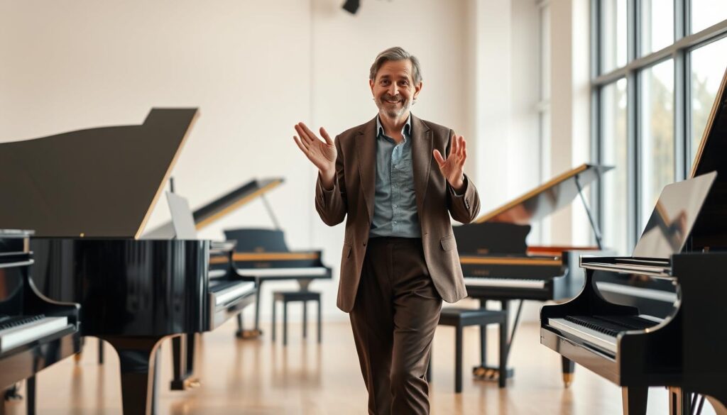 A piano teacher standing confidently in a modern, minimalist studio, surrounded by sleek grand pianos and large windows that flood the space with natural light. The teacher, dressed in a stylish yet professional outfit, is gesturing expressively as they guide a student through a musical piece, their face filled with a warm, patient demeanor. The background is softly blurred, allowing the focus to remain on the teacher-student interaction, conveying the personalized, one-on-one nature of the digital-era piano lesson. The scene captures the dynamic, technology-enhanced learning experience that defines the modern piano teaching landscape.