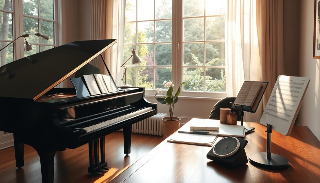 A serene and well-organized home office with a grand piano and a large window overlooking a lush garden. Soft natural lighting filters through the curtains, casting a warm glow on the gleaming black piano and the neatly arranged work materials on the polished wooden desk. A pianist's metronome ticks rhythmically, complementing the peaceful ambiance. A music stand holds carefully annotated sheet music, hinting at the diligent practice taking place. The space conveys a sense of focus, discipline, and the thoughtful time management essential for a dedicated pianist's growth.