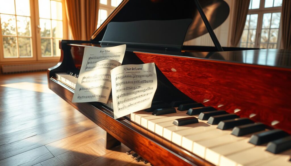 A serene grand piano resting on a polished wooden floor, with soft natural lighting streaming through large windows, casting warm hues across the scene. Sheet music for "Für Elise" and "Clair de Lune" lie open on the piano, their simple yet beautiful melodies inviting the viewer to sit down and begin their musical journey. The piano keys glisten, beckoning the user to explore the easiest and most accessible piano pieces, perfect for a beginner's first lessons. A sense of tranquility and possibility fills the air, capturing the essence of "Makkelijke liedjes piano: de beste keuzes voor je eerste lessen".