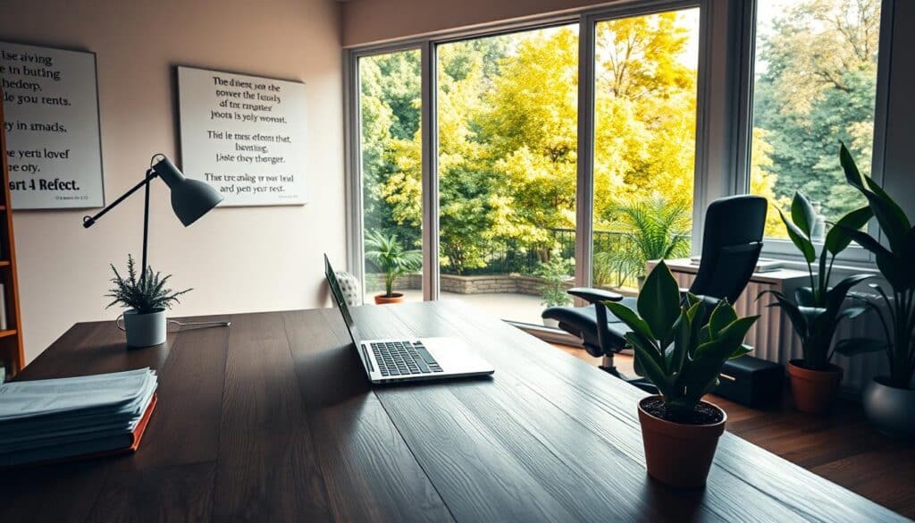 A serene, minimalist home office scene. In the foreground, a wooden desk with a laptop, a stack of papers, and a potted plant. The middle ground features a comfortable ergonomic chair, with motivational quotes displayed on the wall behind it. The background showcases a large window overlooking a lush, verdant garden, flooding the room with warm, natural light. The overall atmosphere is one of focus, determination, and a sense of overcoming obstacles through a balance of time management, motivation, and technical skill.