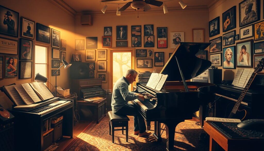 A serene piano studio bathed in warm, golden light. At the center, a focused composer, Mike Schonewille, seated at a grand piano, his fingers dancing across the keys. Surrounding him, a vibrant array of sheet music, musical instruments, and audio equipment, all intertwined to create a harmonious workspace. The walls are adorned with framed album covers and awards, testament to his prolific and acclaimed musical career. The atmosphere exudes a sense of creativity, passion, and the relentless pursuit of musical excellence – the driving force behind Schonewille's profound impact on the world of piano composition and performance.