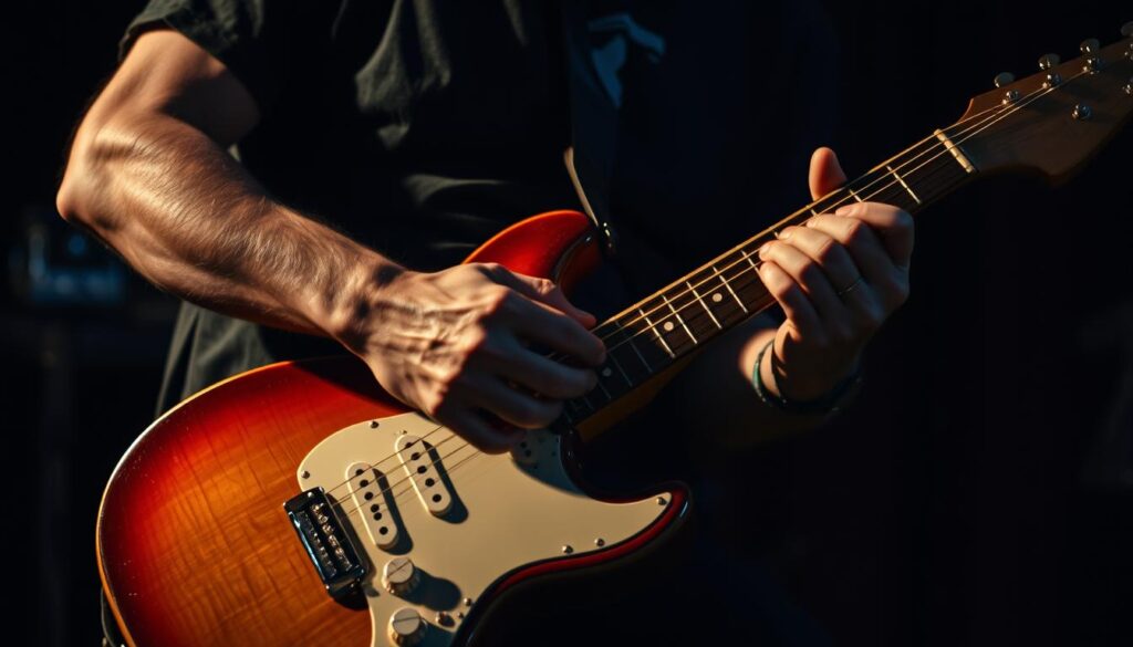 A skilled blues guitarist performing advanced, soulful melodies on a vintage electric guitar. The player's fingers dance expertly across the fretboard, effortlessly transitioning between complex chord voicings and expressive lead lines. Moody, dramatic lighting casts dramatic shadows, highlighting the player's intense focus and passion. The guitar's finish gleams under the warm glow, as the musician is immersed in a state of deep, meditative flow. The scene is captured from a slightly low angle, emphasizing the power and dynamism of the performance. An atmosphere of raw, emotive energy permeates the frame, conveying the essence of advanced, virtuosic blues guitar playing.