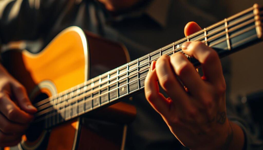 A skilled guitarist intently practicing guitar techniques, with close-up view of fingers on fretboard. Warm lighting illuminates the hands, creating a focused, study atmosphere. The guitar is a classic acoustic model, capturing the essence of fundamental guitar practice. The background is blurred, keeping attention on the technicality of the performance. Soft shadows and highlights define the form, conveying the dedication and precision required to master guitar skills. The overall mood is one of dedication, concentration, and the pursuit of musical mastery.