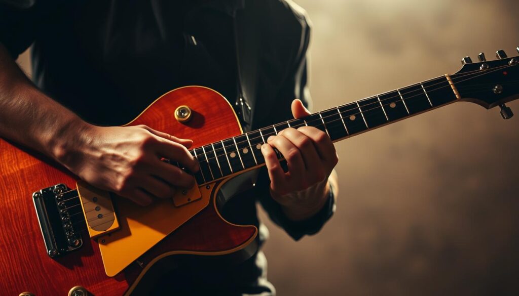 A skilled guitarist's hands effortlessly gliding across the fretboard, executing expressive techniques: bends that stretch the strings, vibrato that pulses with emotion, legato lines that flow seamlessly, and harmonics that shimmer like crystalline overtones. The player's face is in shadow, their focus intense as they navigate the nuances of lead guitar playing. The scene is lit by warm, directional lighting, casting dramatic shadows that accentuate the performer's movements. The background is hazy, blurred to emphasize the central action, creating a sense of immersion in the musical performance.