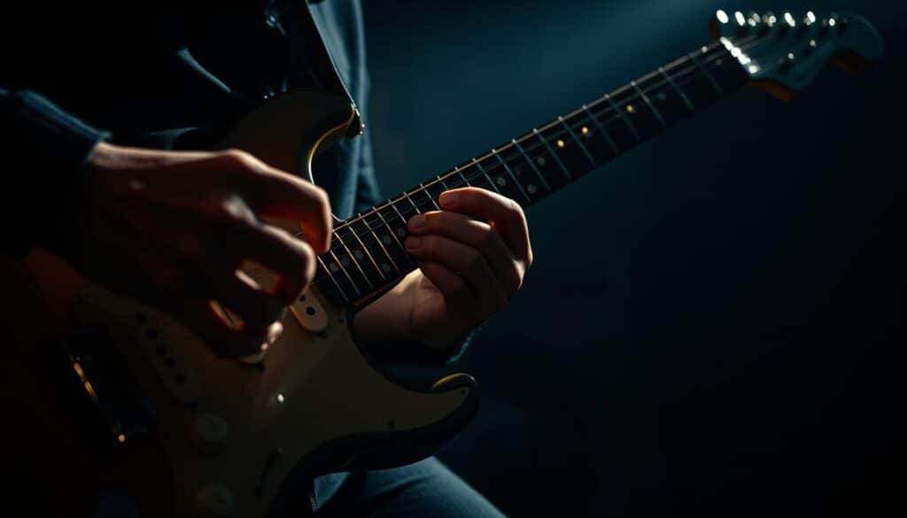 A skilled guitarist's hands performing advanced picking techniques on an electric guitar, capturing the precision and speed of alternate sweep tremolo. The scene is shot in a dimly lit, moody studio setting with dramatic, directional lighting that casts dramatic shadows, highlighting the intricate finger movements. The guitar's body and fretboard are visible in the foreground, while the background is blurred, keeping the focus on the player's virtuosic performance. The overall atmosphere conveys the intensity and technical mastery required for this challenging guitar technique.