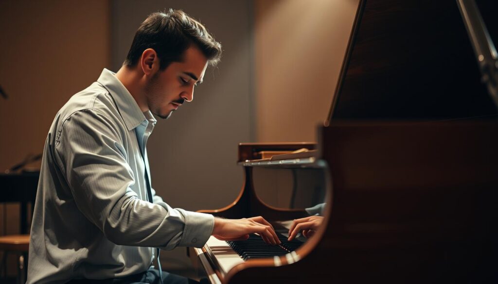 A skilled pianist improvising on a grand piano in a warm, intimate setting. The pianist's hands move gracefully over the keys, expression focused as they explore new melodic ideas. Soft, directional lighting illuminates the pianist's face and the piano's polished wooden frame, creating a sense of depth and atmosphere. The background is blurred, allowing the viewer to focus on the creative act of improvisation. The scene conveys a sense of flow, exploration, and the pianist's mastery of their instrument.