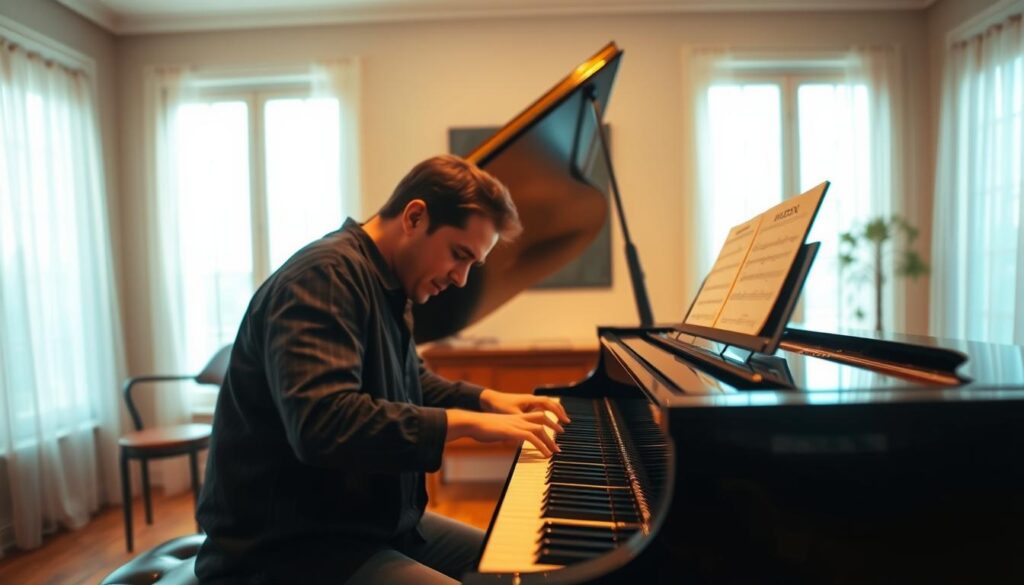 A skilled pianist improvising passionately at a grand piano, their fingers dancing across the keys with focused intensity. The piano is positioned in a warm, softly lit studio, with natural light streaming in from large windows. The pianist's face is partially obscured, emphasizing the expressive movement of their hands. The background is softly blurred, creating a sense of depth and a dreamlike atmosphere, allowing the viewer to focus on the captivating piano performance.