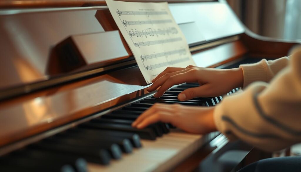 A tranquil piano scene, bathed in soft, warm lighting. In the foreground, a pair of hands gently caressing the piano keys, fingers dancing across the ivories. The piano's polished surface reflects the gentle curves of the instrument, inviting the viewer to imagine the soothing melodies it can produce. In the middle ground, a sheet of sheet music rests on the piano, the notes and clefs suggesting simple, beginner-level pieces. The background is softly blurred, creating a sense of focus and intimacy, as if the viewer is peering into a private musical moment. The overall atmosphere is one of calm, concentration, and the joy of learning a new skill.