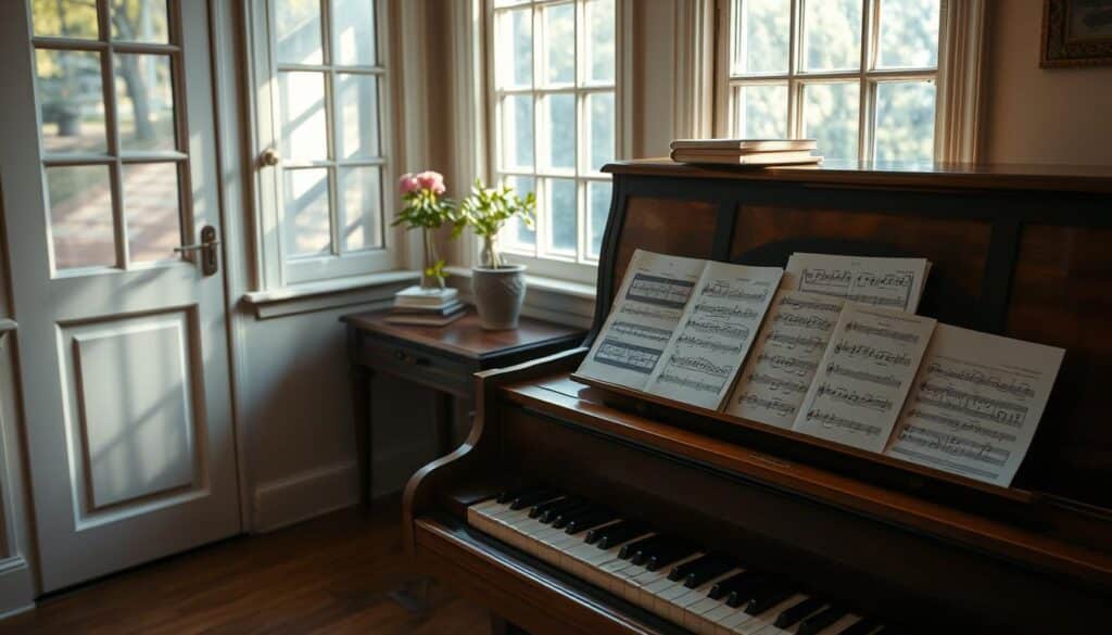A tranquil study room, sunlight streaming through the windows, illuminating a wooden piano and sheet music. On the music stand, toonladders, chord diagrams, and melodic exercises are neatly arranged, inviting the viewer to engage in a harmonious piano practice. The room exudes a sense of focus and dedication, with a subtle touch of warmth and creativity. A subtle, yet captivating atmosphere that perfectly encapsulates the essence of "Effective Exercises: Scales, Chords, and Melodies without Monotony".