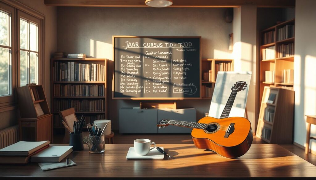 A tranquil, sun-dappled classroom with a cozy, inviting atmosphere. In the foreground, a wooden desk is adorned with a neatly organized array of stationery, a cup of tea, and a meticulously crafted guitar. Soft, warm lighting filters through large windows, casting a gentle glow on the scene. In the middle ground, a chalkboard stands, its surface showcasing a handwritten timetable for the "jaar cursus tijd" - an academic year's worth of guitar lessons. The background features bookshelves laden with well-worn volumes, conveying a sense of scholarly pursuit and musical exploration. The overall scene exudes a serene, contemplative mood, inviting the viewer to immerse themselves in the rhythmic journey of Spanish guitar mastery.