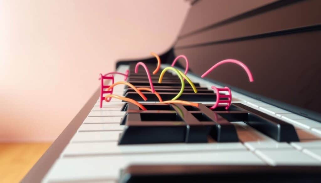 A vibrant and whimsical piano keyboard, with the keys morphing into a set of playful, animated cartoon-like "toonladders" that dance across the frame. The toonladders weave and intertwine, creating a dynamic, rhythmic pattern that fills the foreground. The middle ground features a soft, pastel-hued background, with a gentle gradient that suggests depth and atmosphere. Lighting is soft and diffused, creating a warm, inviting mood. The camera angle is slightly elevated, allowing the viewer to observe the lively, choreographed movement of the toonladders as they guide the eye through the composition. The overall scene evokes a sense of creativity, musicality, and the joy of mastering challenging piano exercises.