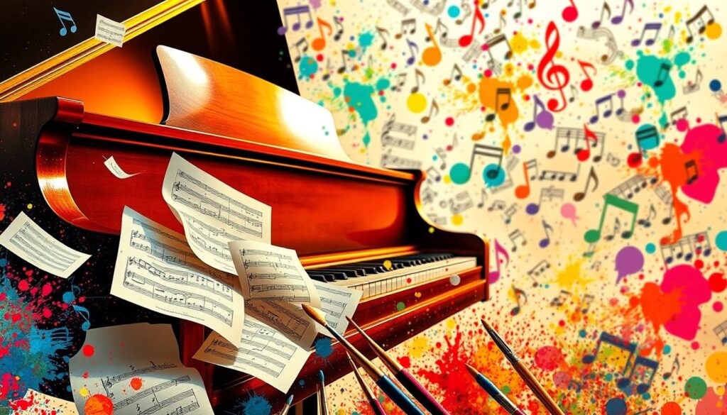 A vibrant, inspirational scene of a grand piano surrounded by a joyful swirl of musical notes, paintbrushes, and creative tools. Warm, golden lighting illuminates the piano's glossy surface, inviting the viewer to sit down and play. In the foreground, scattered sheet music pages flutter with a sense of spontaneity and improvisation. The middle ground features colorful paint splatters and brushes, symbolizing the blend of music and visual art. The background is a dreamy, abstract landscape of overlapping musical clefs, creating a harmonious, euphoric atmosphere. The overall mood conveys a balance of technical mastery and unbridled creative expression, encouraging the observer to embrace the playful, fearless nature of musical improvisation.