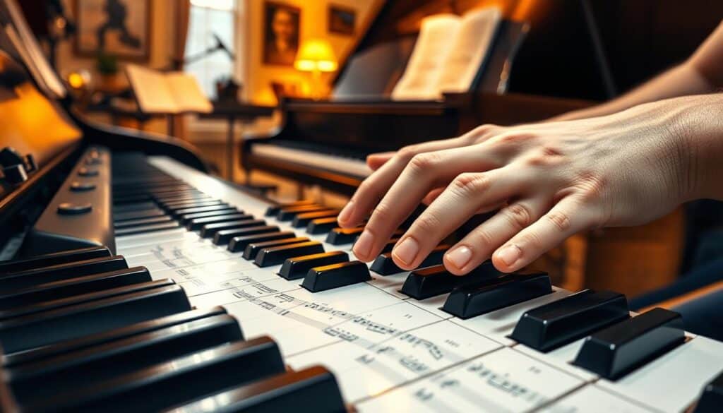 A vibrant piano keyboard fills the foreground, with various musical notation, scales, and finger exercises scattered across the keys. In the middle ground, a pianist's hands gracefully move between the black and white keys, demonstrating dynamic, rhythmic variations. The background features a warm, softly-lit music studio, with a grand piano, music stands, and musical instruments, evoking a sense of focused, creative energy. The lighting casts a warm, golden glow, accentuating the pianist's fluid motions and the harmonious interaction between the hands and the keys. The overall atmosphere conveys the exploration of diverse technical exercises to expand piano proficiency and prevent monotony during practice.