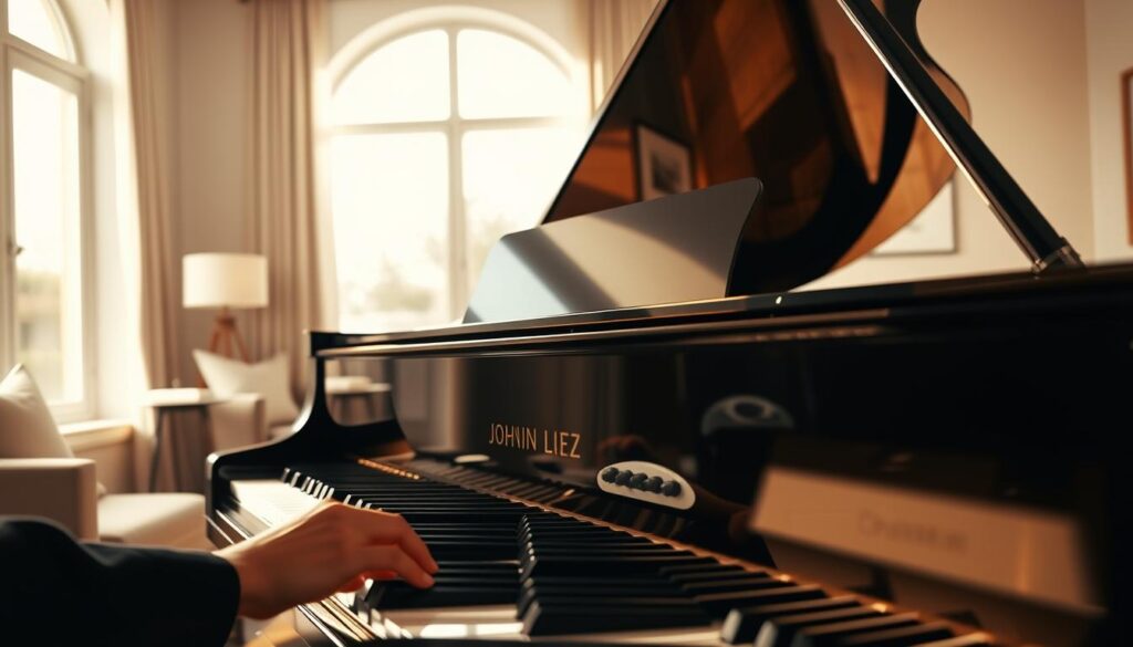 A virtual piano practice scene, captured in a warm, inviting setting. A sleek, black grand piano takes center stage, its keys gently lit by soft, natural lighting streaming through a large window. The polished wooden surface reflects the pianist's hands as they gracefully dance across the keys, the digital display atop the piano providing feedback and guidance. In the background, a cozy, minimalist living room sets the stage, with neutral tones and clean lines creating a serene, distraction-free environment. The overall atmosphere evokes a sense of focus, progress, and the joy of learning a new instrument, perfectly complementing the article's section on leveraging virtual tools to enhance one's piano playing journey.