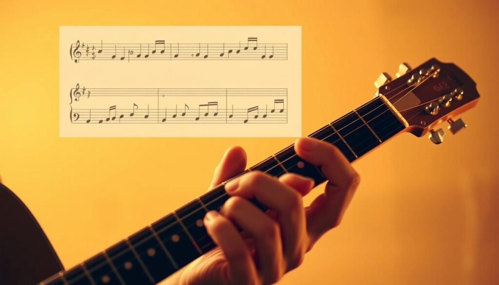 A warm-lit, close-up scene of a musician's hands playing the guitar, with the fretboard in focus, and a musical staff of musical notes hovering above, showcasing the fundamentals of scale practice. The lighting casts a soft, ambient glow, creating a sense of focus and concentration. The scene is uncluttered, allowing the viewer to hone in on the core elements of the guitar-playing experience. The overall atmosphere conveys a sense of clarity, simplicity, and the immediate reward of mastering basic scales.