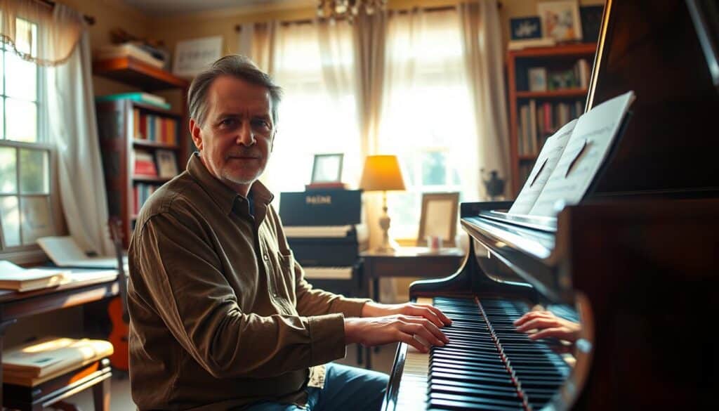 A warm-lit home studio with a grand piano in the foreground, sunlight streaming through the windows. Mike Schonewille, a distinguished piano teacher, sits at the piano, his hands poised over the keys, eyes focused intently. The background is a cozy, inviting space filled with bookshelves, sheet music, and other musical instruments, conveying a sense of passion and dedication to the craft. The scene captures the essence of Mike's journey with the piano, showcasing his mastery and the importance of scales and technique in his teaching approach.