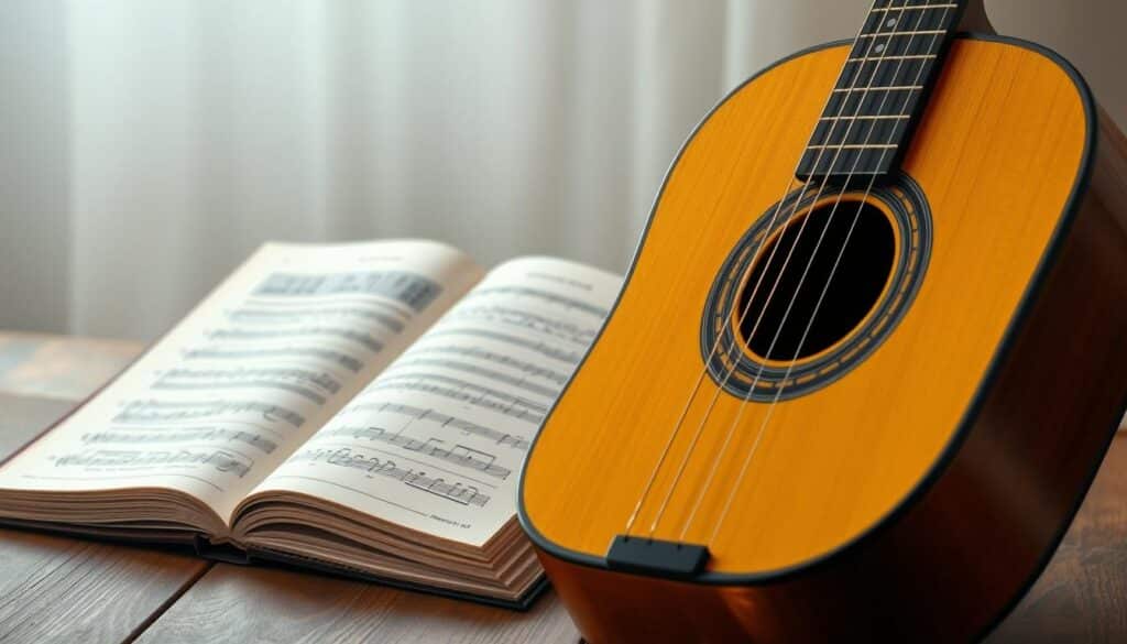 A warm, soft-lit classical music theory textbook open on a wooden table, revealing diagrams and explanations of musical notation, scales, and chord progressions. In the foreground, a classic nylon-string acoustic guitar leans against the table, hinting at how this theoretical knowledge can directly enable the playing of traditional classical guitar pieces. The background is gently blurred, creating a focus on the central elements and a sense of tranquil contemplation.