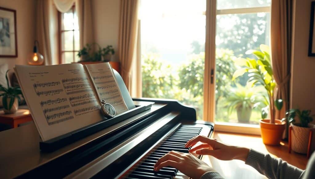 A warm, sunlit home studio with a grand piano in the center. On the piano, sheet music and a metronome sit open, indicating a focused practice session. In the foreground, a pianist's hands move gracefully across the keys, exploring different chord voicings and rhythmic patterns. The background features a cozy, minimalist decor with a large window overlooking a lush, verdant garden, casting soft, diffused light throughout the space. The overall atmosphere conveys a sense of contemplative focus and creative exploration.