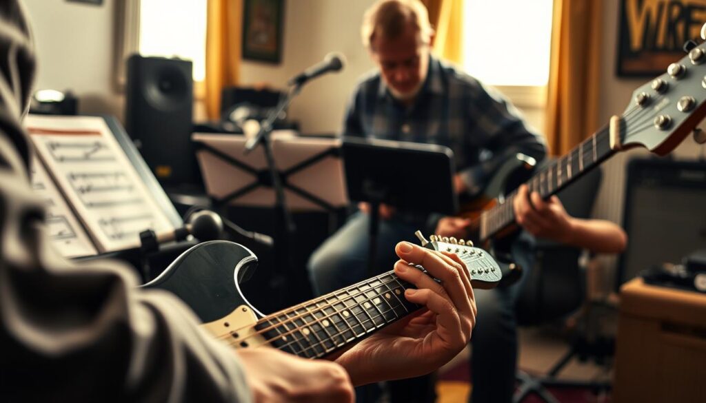 A well-lit guitar lesson scene with a focused, close-up view of a musician's hands playing an electric guitar. The middle ground features a sheet music stand, a tuner, and other teaching materials. In the background, an experienced guitar instructor observes the student's progress, providing feedback and guidance. The overall atmosphere is one of concentration, learning, and the gradual mastery of guitar techniques, conveying the notion of moving from theory to practical application.