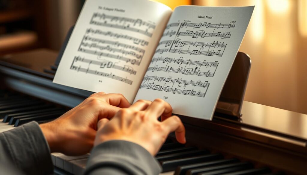 A well-lit, high-resolution image of a person's hands on a piano keyboard, focused on the fingers intently reading sheet music displayed in front of them. The scene conveys a sense of focus and concentration as the individual diligently learns the fundamentals of reading musical notation. The background is softly blurred, drawing the viewer's attention to the hands and the sheet music. The lighting is warm and natural, creating a cozy, inviting atmosphere conducive to learning and practice. The overall composition emphasizes the importance of understanding the basic elements of music, such as notes, chords, and rhythm, as the foundation for mastering the piano.