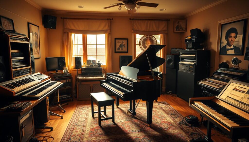 A well-lit home recording studio with a grand piano and a variety of electronic music equipment, including synthesizers, MIDI controllers, and mixing consoles. The piano is the central focus, with the electronic gear arranged around it in a harmonious, organized manner. The lighting is warm and inviting, creating a cozy, creative atmosphere. The room is filled with a sense of artistic exploration, where the boundaries between the acoustic and digital worlds of music are blurred. The overall composition conveys a balance between the traditional and the modern, reflecting the intersection of classical and electronic musical elements.