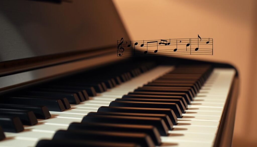 A well-lit piano keyboard fills the foreground, its keys meticulously detailed. In the middle ground, a music staff with clearly visible treble and bass clefs floats, notes dancing across the lines. The background is a soft, blurred gradient, drawing the viewer's attention to the interplay of the keyboard and the musical notation. The lighting is warm and natural, casting gentle shadows that add depth and dimensionality to the scene. The overall composition is balanced and harmonious, creating a visually engaging representation of the process of "noten herkennen notenbalk" - the quick recognition of musical notes on the staff.