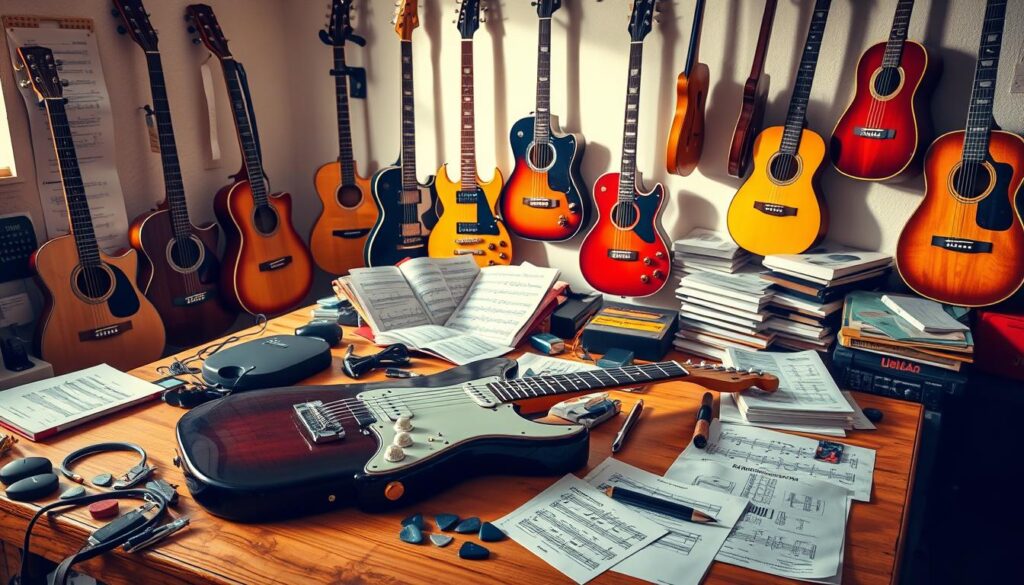A well-lit studio setting featuring an array of guitar-related tools and materials. In the foreground, an electric guitar rests on a wooden workbench, surrounded by a selection of picks, capos, tuners, and other accessories. In the middle ground, various sheet music, chord charts, and music theory books are neatly arranged, suggesting a focused study of guitar techniques and theory. The background showcases a variety of guitar styles, from classical to electric, hanging on the wall, hinting at the diverse musical styles and advanced playing techniques to be explored. Warm, natural lighting casts a sense of focus and thoughtfulness over the entire scene.