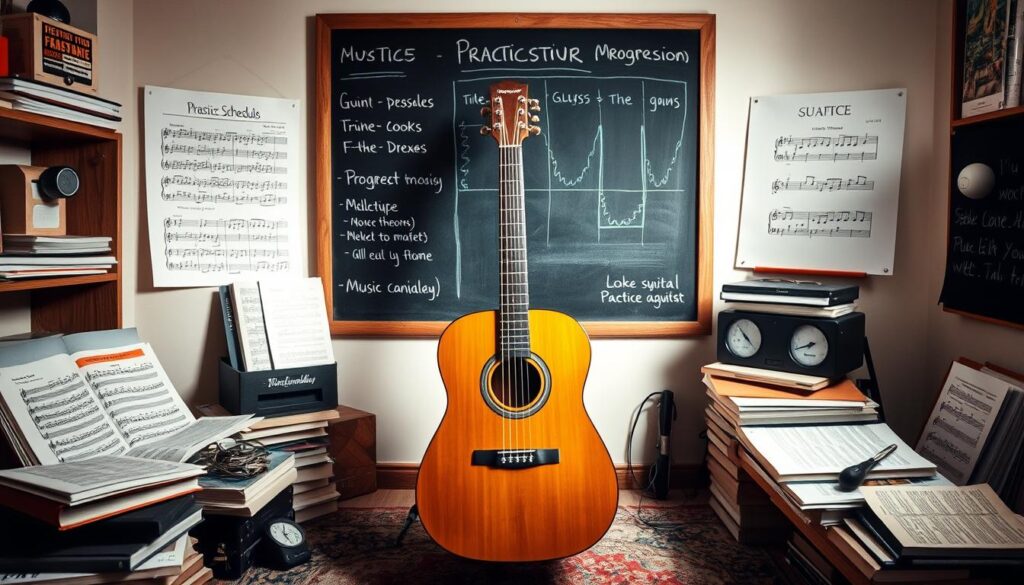 A well-lit studio setting with a classical acoustic guitar positioned centrally, surrounded by an assortment of music theory books, metronomes, and sheet music. In the background, a chalkboard displays a structured practice schedule and progression milestones. The scene conveys a sense of disciplined yet creative exploration, where the guitar serves as the focal point for a harmonious blend of technical mastery and improvised expression.