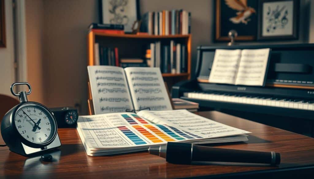 A well-lit tabletop scene showcasing a variety of musical aids for piano practice. In the foreground, a metronome, a set of color-coded finger guides, and a pitch pipe. In the middle ground, a music stand with sheet music, a digital tuner, and a digital piano. In the background, a bookshelf filled with piano technique books and a framed music-themed artwork. The scene is bathed in warm, natural lighting, creating a cozy, focused atmosphere for the effective study of proper piano fingering.