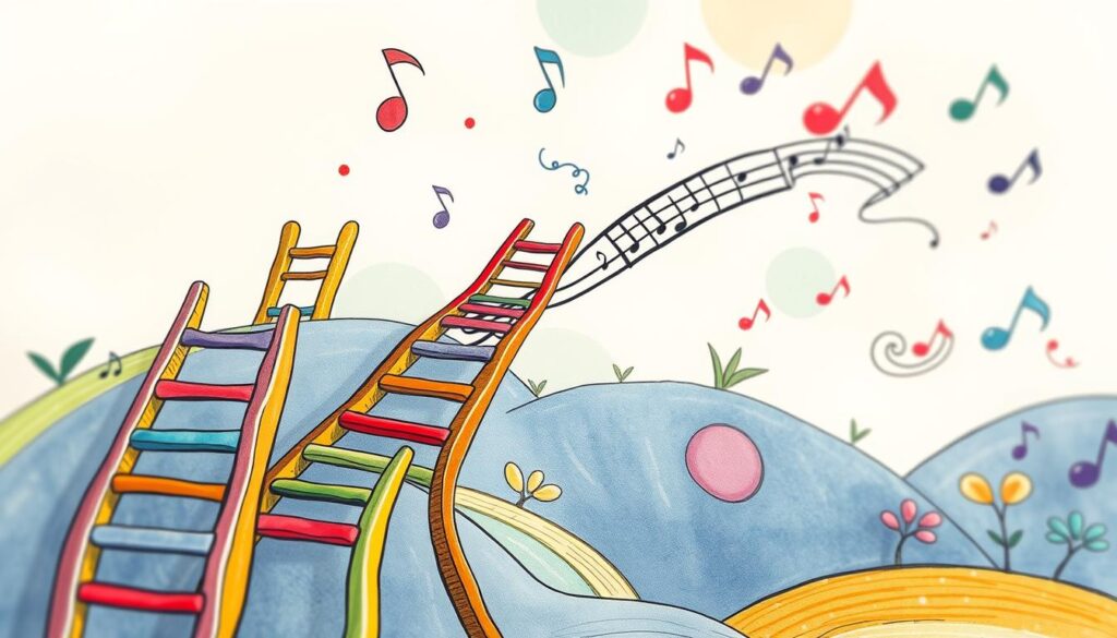 A whimsical, hand-drawn scene of colorful toonladders winding upwards, their rungs forming a playful, melodic staircase. The ladders are rendered in a vibrant, cartoon-like style, with exaggerated proportions and organic, flowing shapes. The foreground features the toonladders in sharp focus, while the middle ground showcases a fanciful, musical landscape with floating musical notes and swirling musical clefs. The background is softly blurred, creating a dreamlike, atmospheric setting. The overall mood is one of playfulness, creativity, and the joy of piano practice and musical expression.