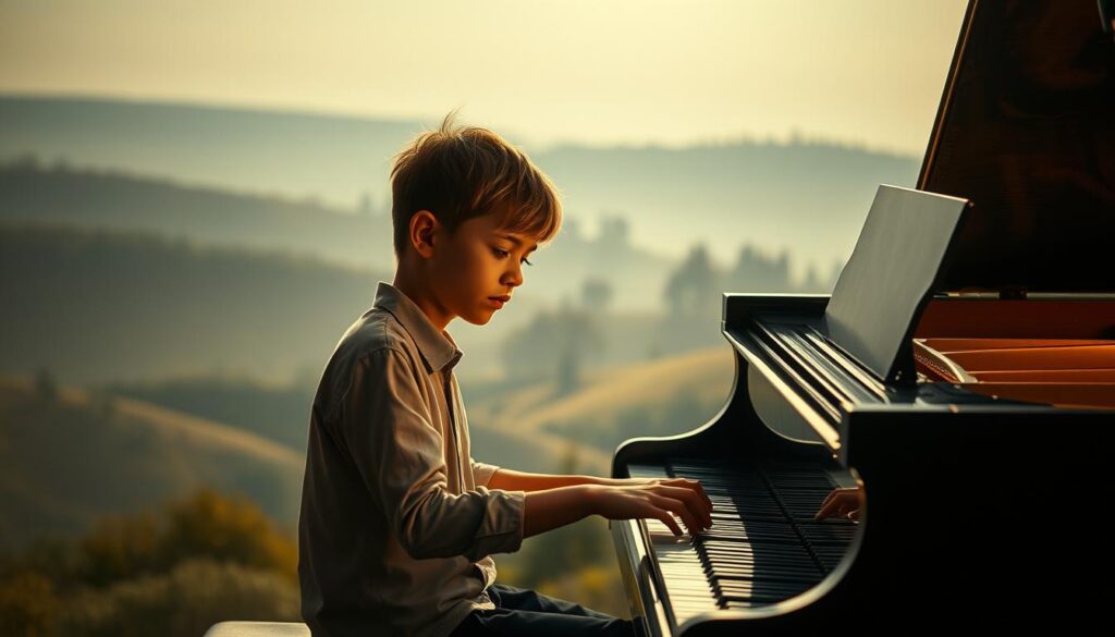 A young pianist sits at a grand piano, fingers poised to begin an improvised melody. Soft, warm lighting illuminates the scene, casting a cozy glow on the musician's focused expression. The piano's keys gleam under the gentle light, beckoning the player to explore their boundless musical potential. In the background, a hazy, dreamlike landscape of rolling hills and distant forests hints at the imaginative world of film music. The overall atmosphere is one of quiet contemplation and the excited anticipation of discovering new musical ideas through spontaneous exploration. A sense of wonder and possibility fills the air as the pianist prepares to embark on their improvised journey.