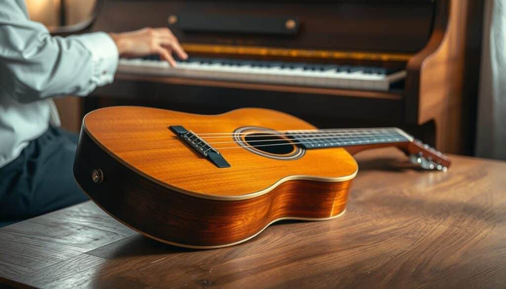 An acoustic guitar lies on a wooden table, its neck pointing towards the viewer. The instrument is illuminated by warm, soft lighting, casting subtle shadows that accentuate its intricate details. In the background, a pianist's hands gracefully dance across a piano keyboard, symbolizing the melding of technical prowess and musical expression. The scene conveys a sense of harmony and balance, reflecting the idea of developing both technical mastery and musicality in the art of guitar playing.