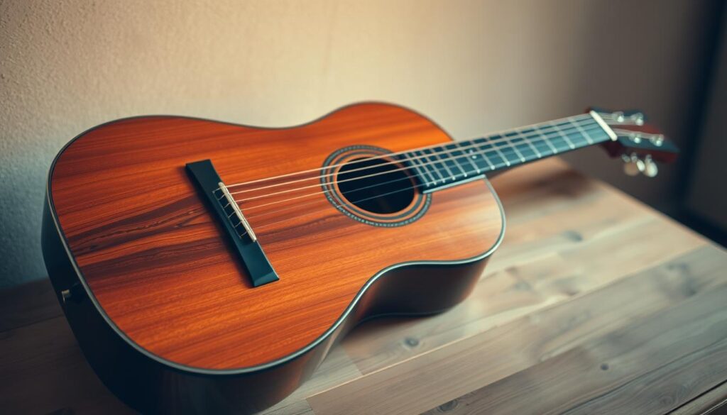 An advanced classical guitar resting on a wooden surface, illuminated by soft, warm lighting. The guitar's rich, mahogany body and gleaming steel strings capture the essence of timeless craftsmanship. The scene is framed by a subtle, textured background that suggests a cozy, music-filled environment, perhaps a practice room or a musician's studio. The overall composition conveys a sense of focus, dedication, and the enduring appeal of classic guitar playing.