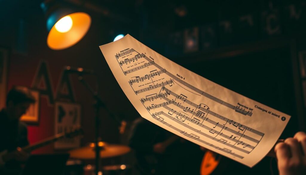 Challenging guitar sheet music floating in the air, with a warm spotlight illuminating the notes and chords. In the background, a dimly lit jazz club setting with moody lighting and the silhouettes of musicians playing instruments. The scene conveys a sense of advanced guitar lesson, where complex jazz standards and musical concepts are explored with depth and nuance. The image has a cinematic, dramatic quality, drawing the viewer into the world of skilled guitarists tackling sophisticated material.