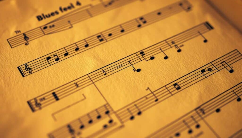 Detailed musical notation on a vintage sheet music page, with a warm, sepia-toned lighting. The notes are clearly defined, with crisp lines and shadows, creating a sense of depth and texture. The page is slightly weathered, adding to the authentic, aged appearance. The focus is on the rhythm notation, particularly the eighth notes and triplets, as the central elements that convey the "blues feel" mentioned in the section title. The composition is balanced, with the notation filling the frame, creating a visually striking and informative illustration.