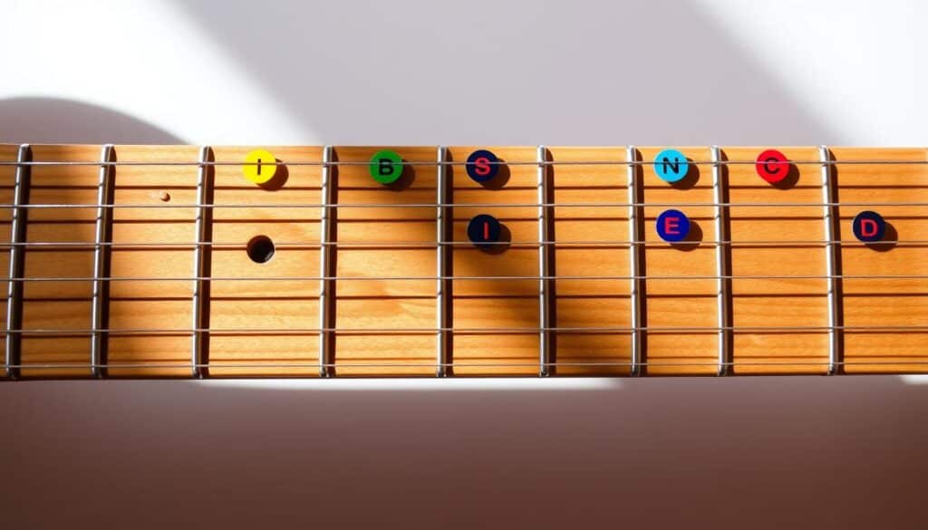Pentatonic scale visualized on the guitar neck, with the CAGED system prominently displayed. A wooden guitar fretboard fills the frame, with the five-note pentatonic scale patterns clearly marked and highlighted in vibrant colors. The fretboard is well-lit, casting subtle shadows that emphasize the contours and texture of the wood. The image has a clean, minimalist aesthetic, drawing the viewer's attention to the core educational elements. The overall mood is informative and visually engaging, effectively conveying the concept of mastering the pentatonic scale through the CAGED framework.