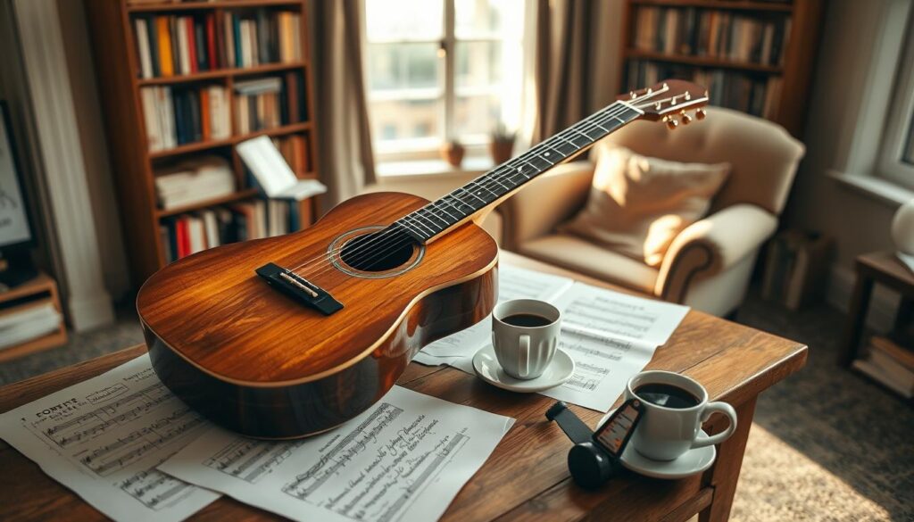 Prompt A cozy and well-lit home studio, with a guitar resting on a wooden table. The table is adorned with sheet music, a metronome, and a cup of coffee. Soft natural lighting filters through a large window, casting a warm glow over the scene. The guitar has a classic, vintage appearance, and the fretboard is worn from years of use. In the background, a bookshelf filled with music theory books and a comfortable armchair create a inviting, inspirational atmosphere for a beginner guitarist to practice and explore guitar improvisation exercises.